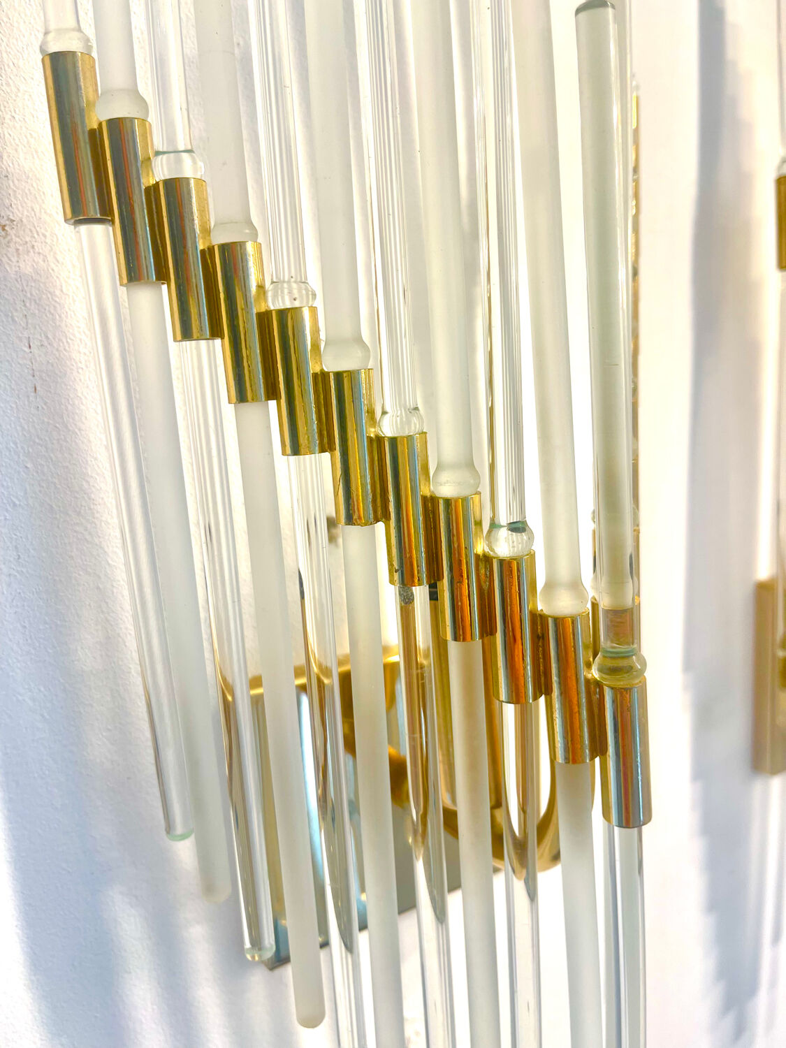 Pair of Murano glass wall lamps with gilded structure, Sciolari, Italy 1970