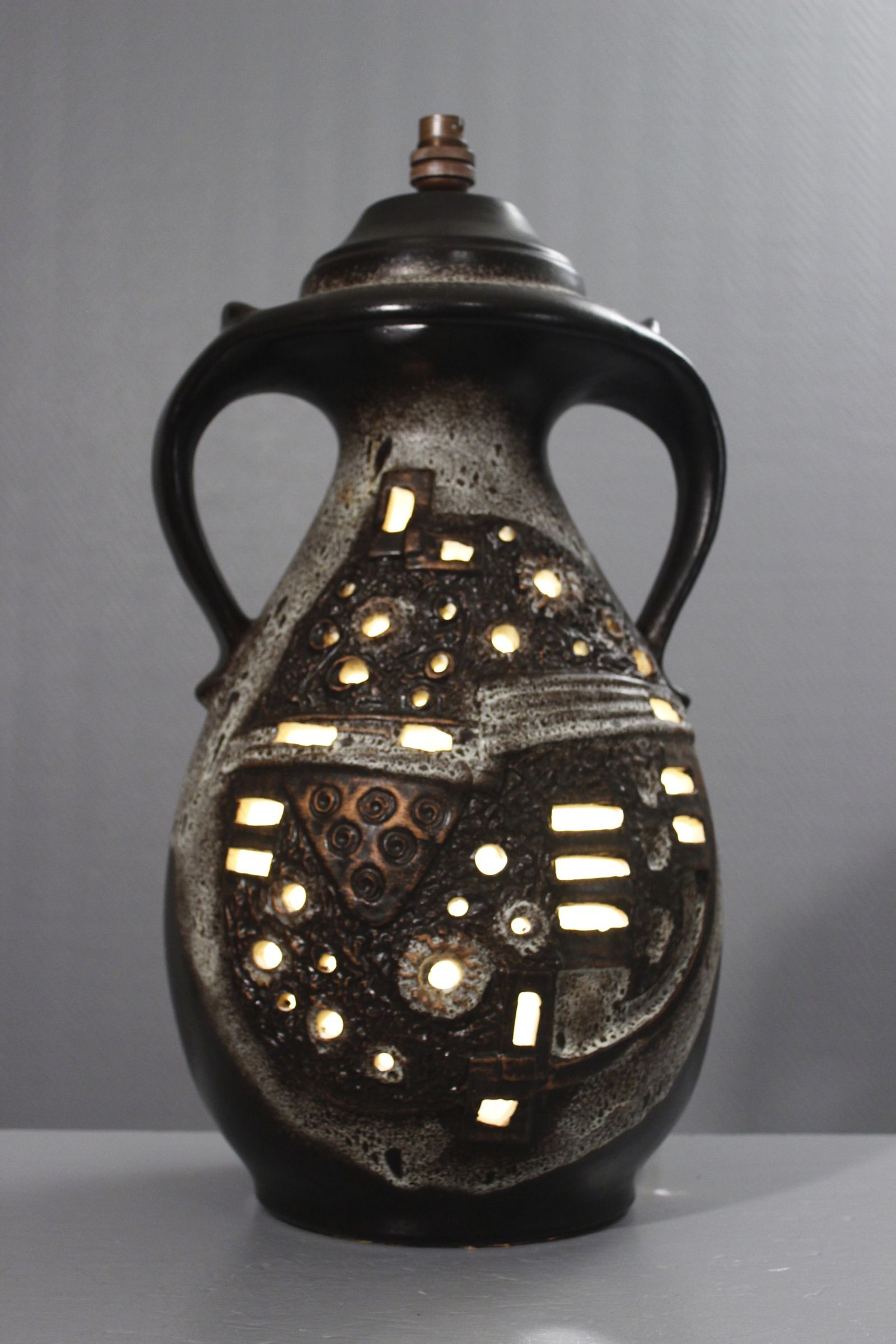 Large double lighting lamp base with openwork design, Brutalist 1960s.