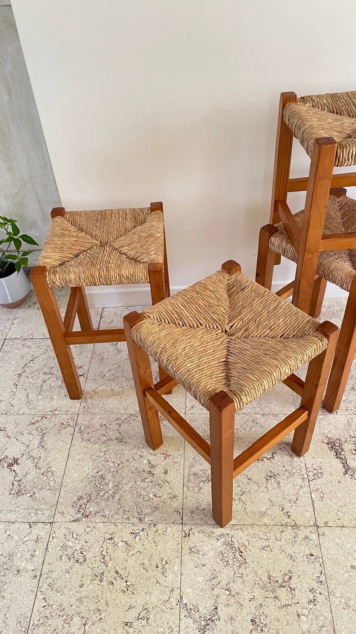 Pair of vintage wooden and straw stools