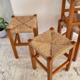 Pair of vintage wooden and straw stools