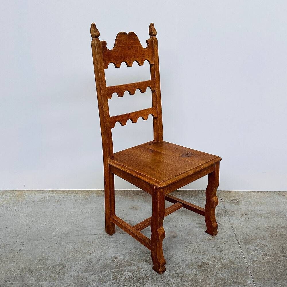 Set of 6 vintage solid oak high-back dining chairs – rustic European / Spanish revival