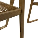 set of four mid century modern folding chairs, wood and webbing chair, italy 1970s design