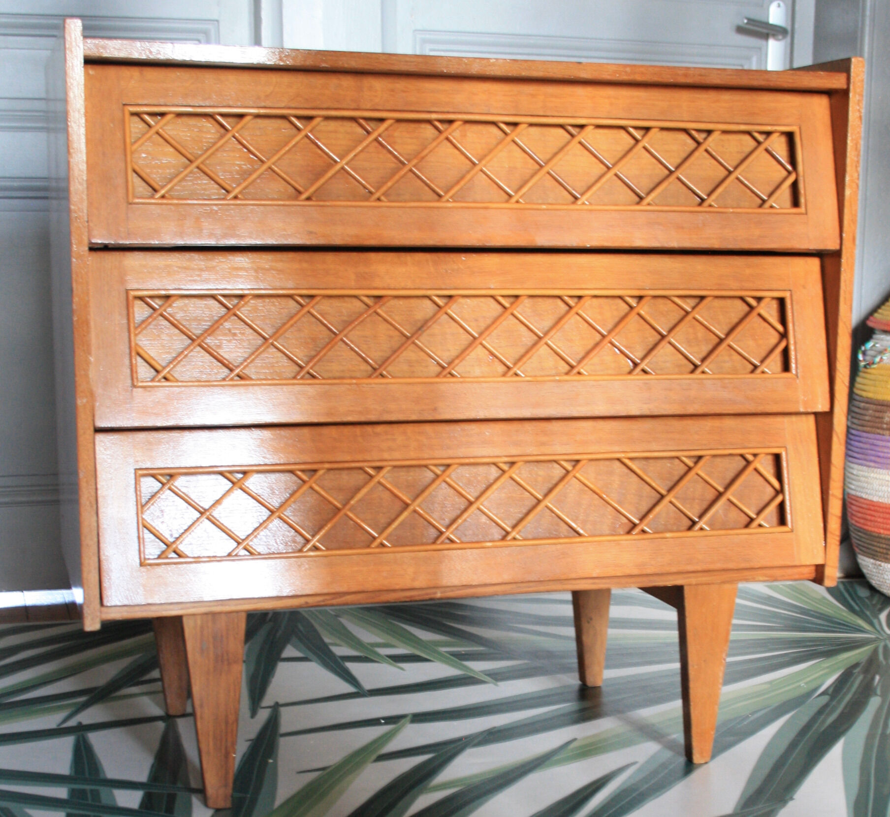 Vintage rattan wood chest of drawers