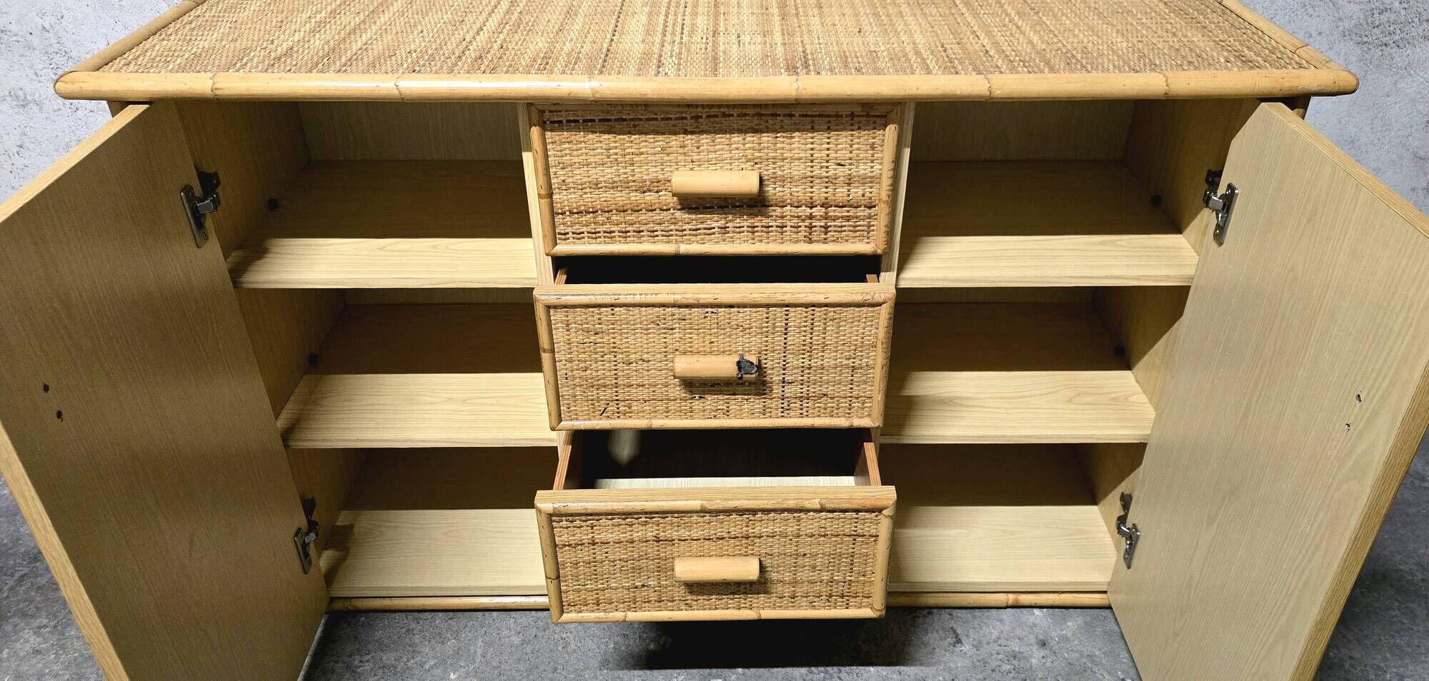 Vintage woven rattan and natural bamboo sideboard - Italy 1970s