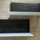 Pair of contemporary shelves in steel and stained wood