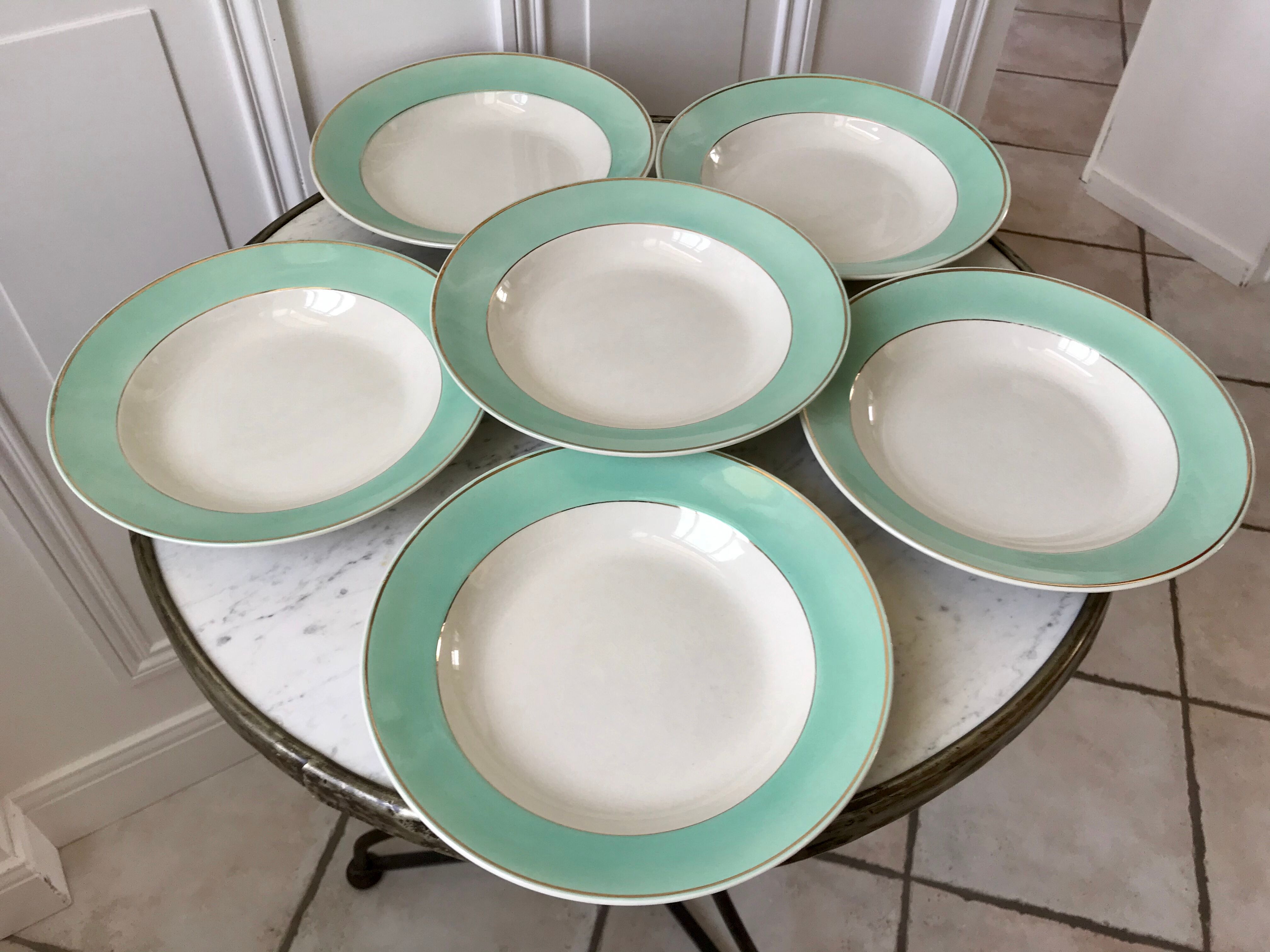 Lot de 6 assiettes creuses Longchamp couleur Céladon années 50