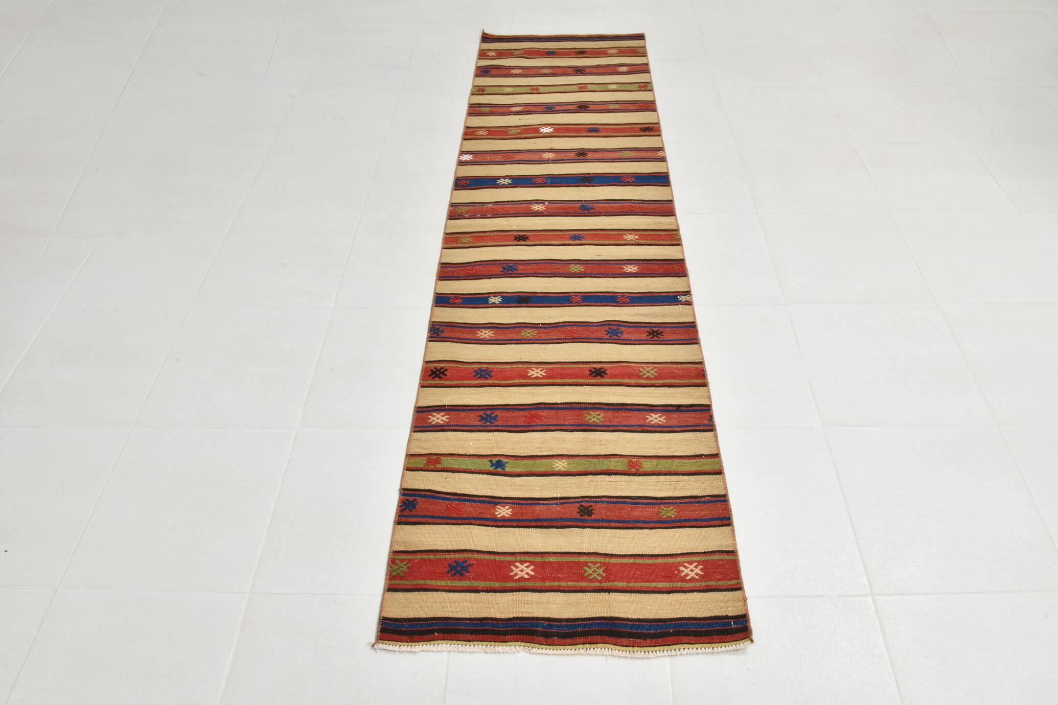 Vintage Sand Beige & Blue Kilim Runner Rug, 70x258Cm