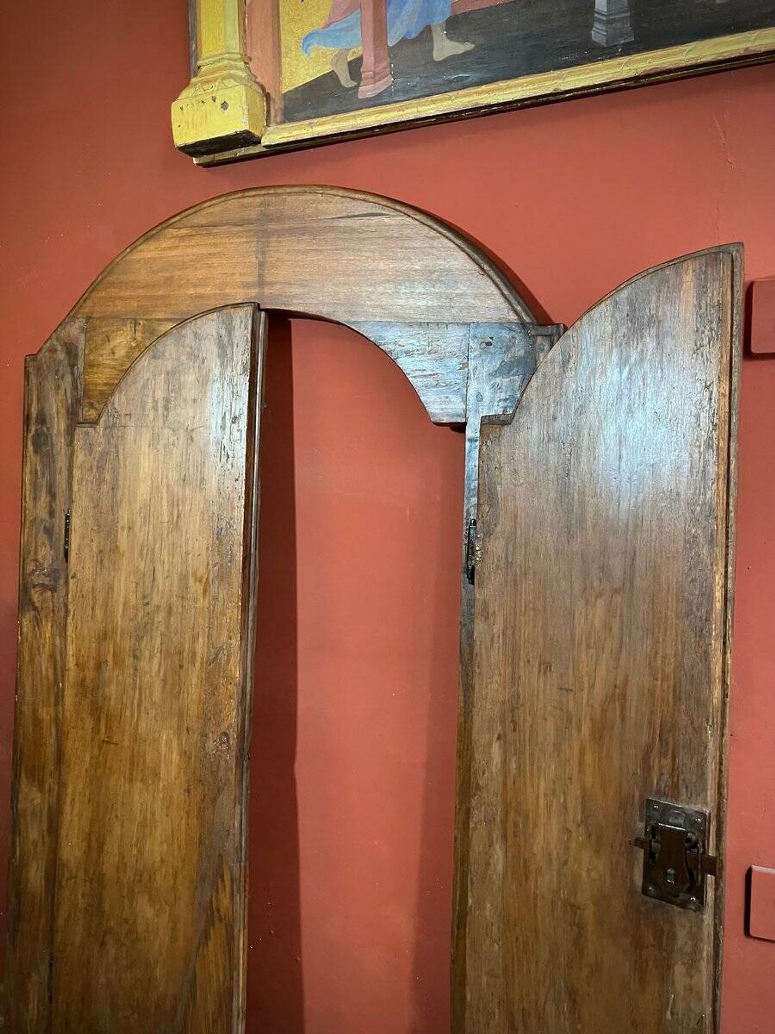 Antique Rustic Tuscan Window in Chestnut with Original Wrought Iron Hardware, 1800s