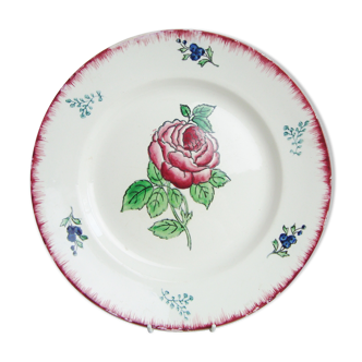 Assiette ronde ancienne Longwy Georges avec rose décoré à la main dans le style campagne