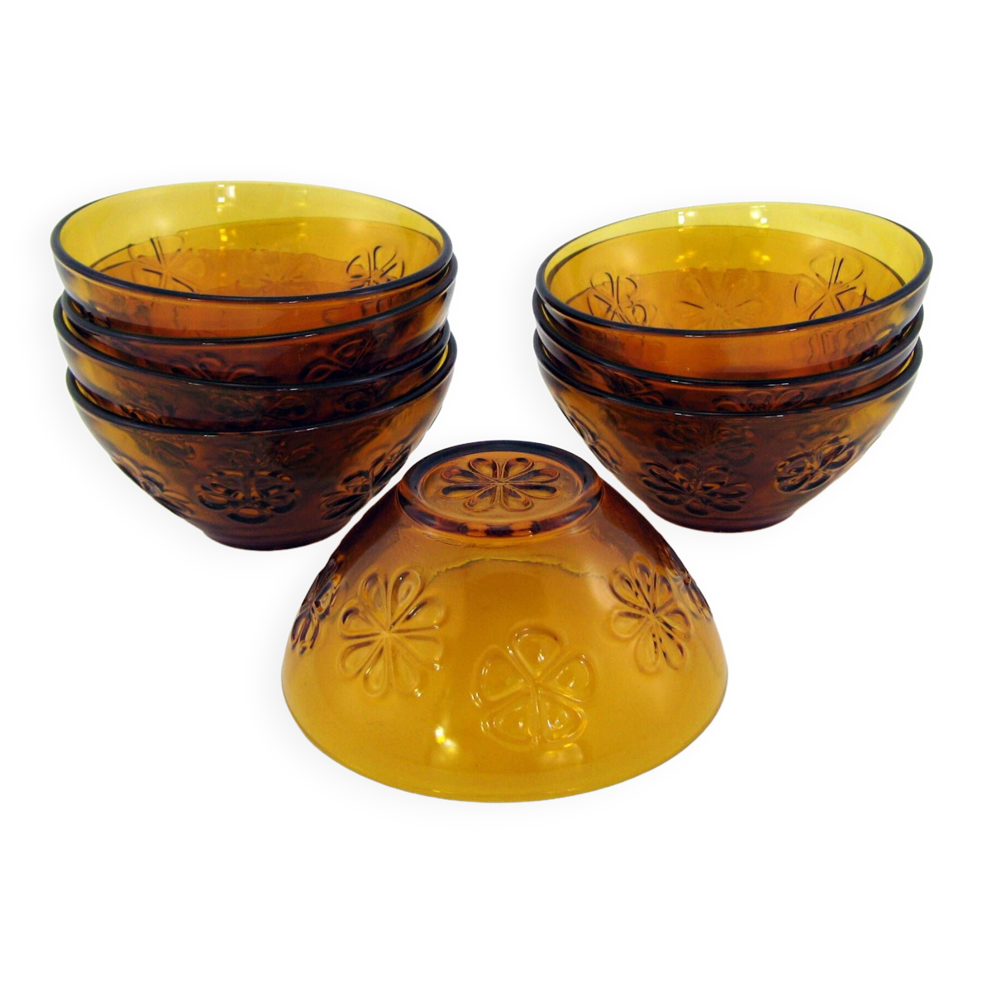 8 amber yellow glass bowls - embossed flower patterns - Daisy Vereco France - vintage 70s
