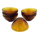 8 amber yellow glass bowls - embossed flower patterns - Daisy Vereco France - vintage 70s