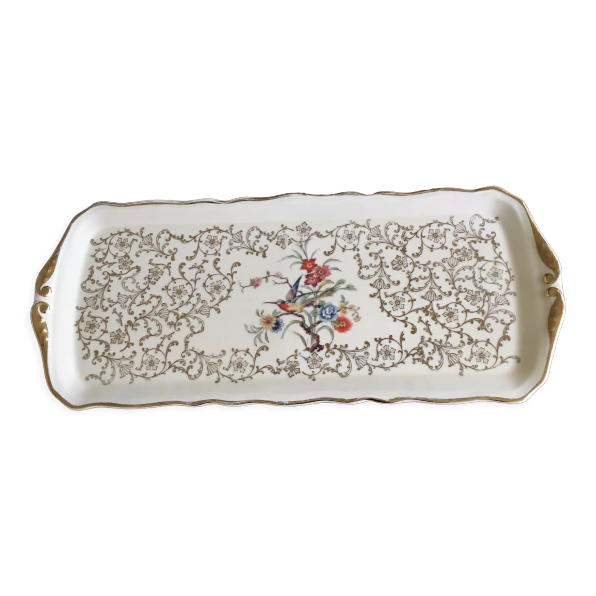 Porcelain cake dish France Emaux de Limoges. Central motif "bird".