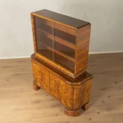 Classic two-piece Art Deco display cabinet from the 1930s with striking burl wood veneer