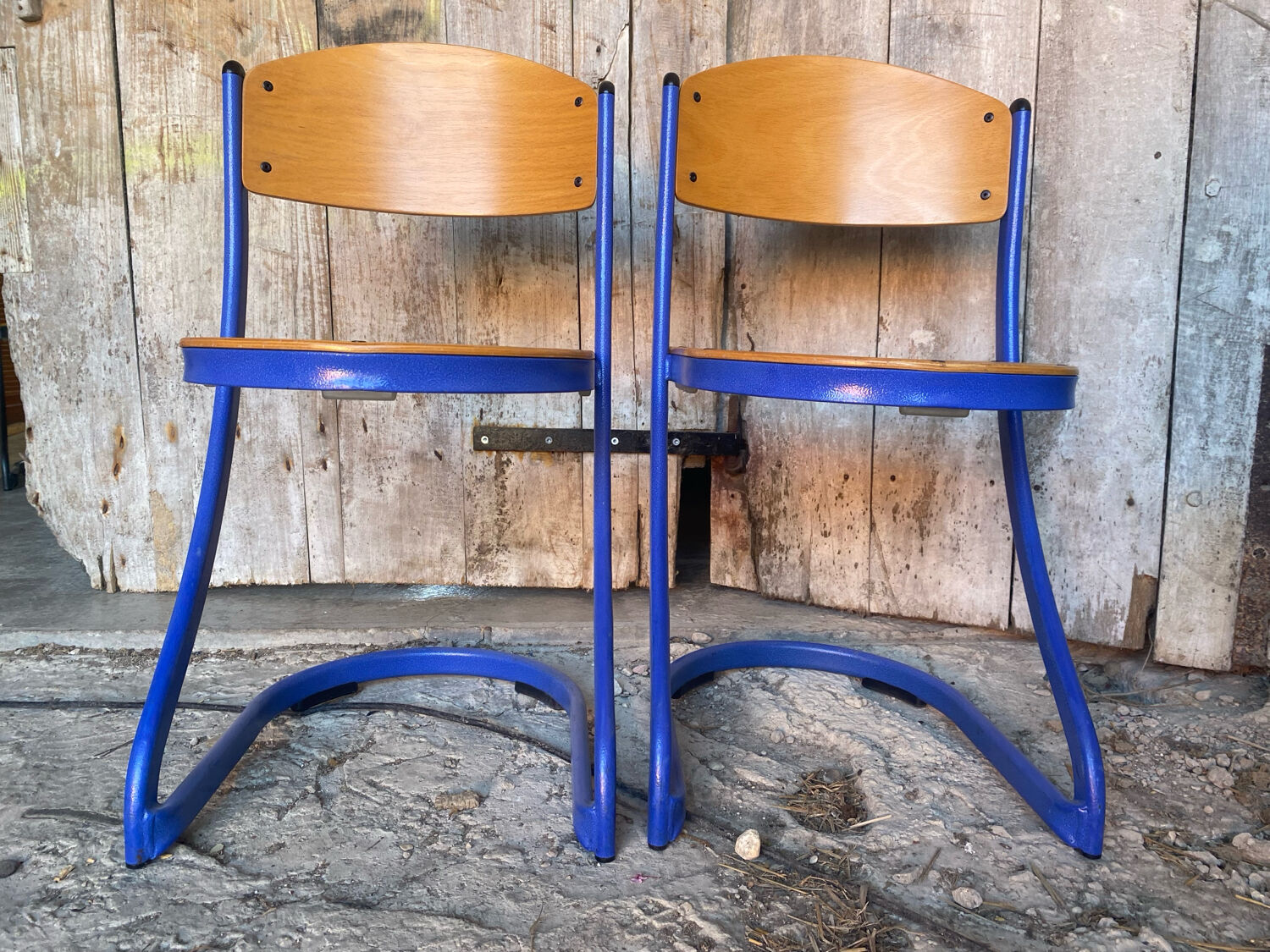 Pair of Chairs SOUVIGNET Model ELODIE Metal Blue & Wood Made in France