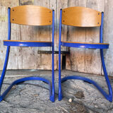 Pair of Chairs SOUVIGNET Model ELODIE Metal Blue & Wood Made in France