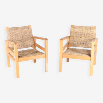 Pair of armchairs in wood and woven rush