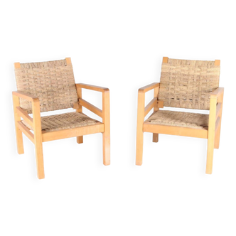 Pair of armchairs in wood and woven rush