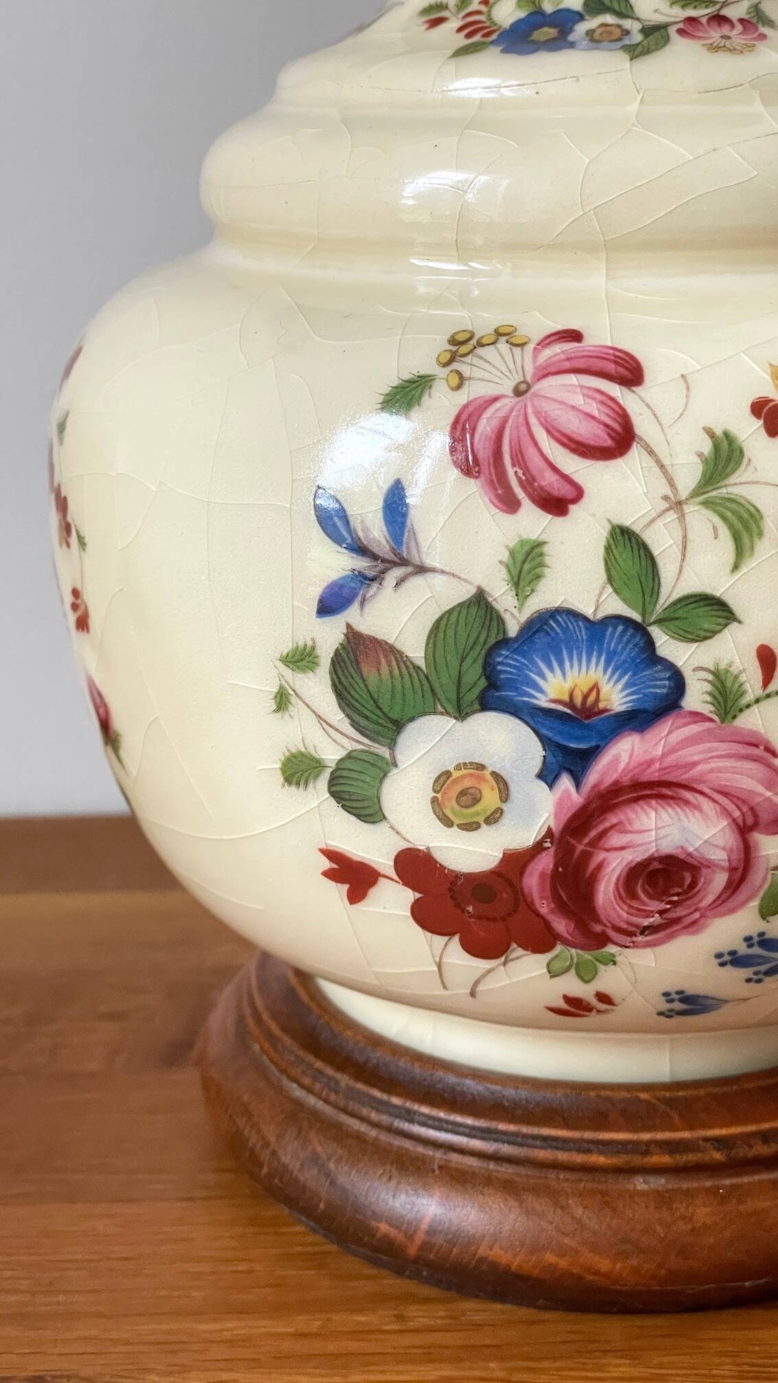 Vintage Ceramic Lamp with Wooden Base