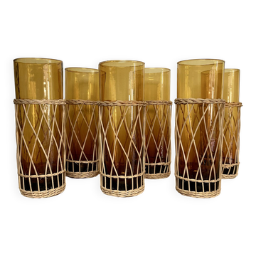 6 amber long drink glasses with wicker
