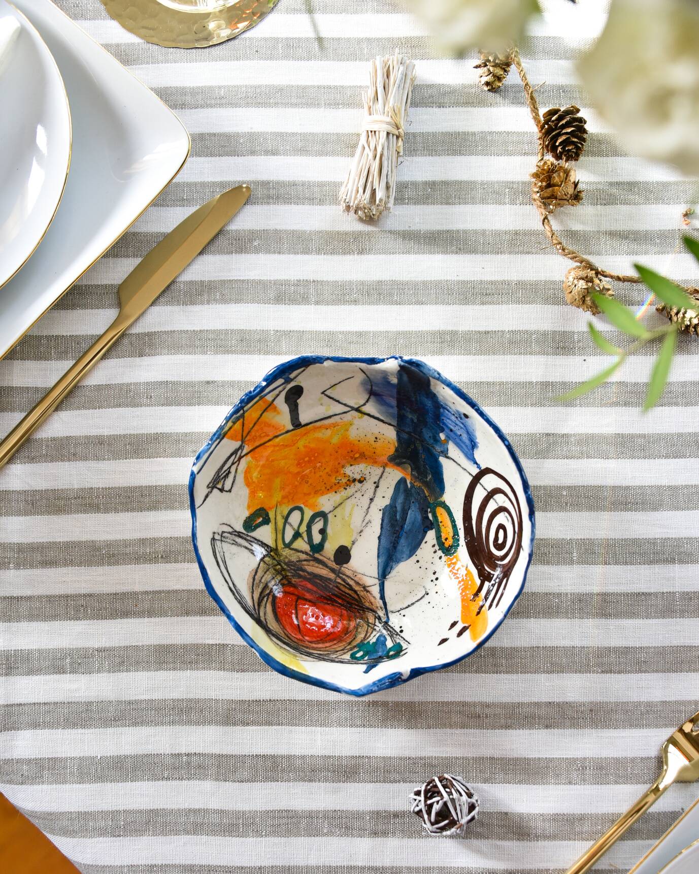 Blue abstract art ceramic bowl