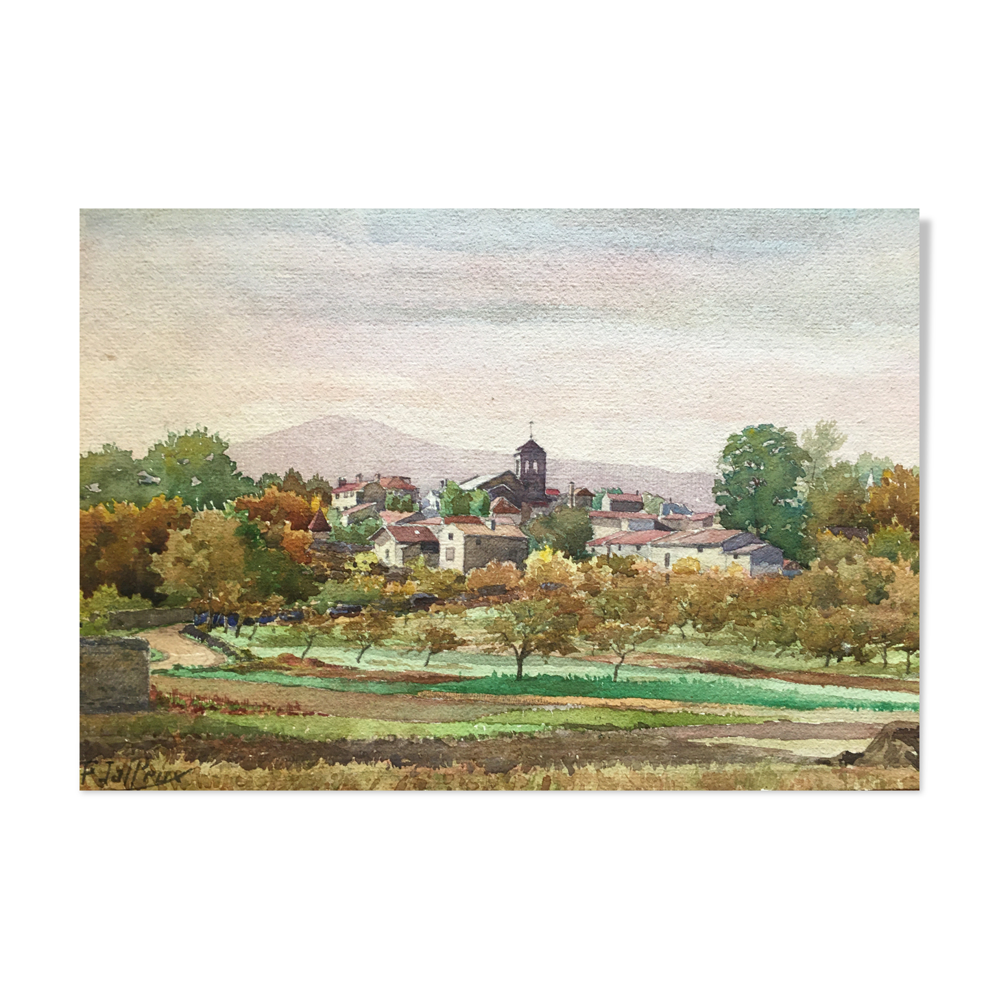 Watercolour painting Village with bell tower signed around 1900