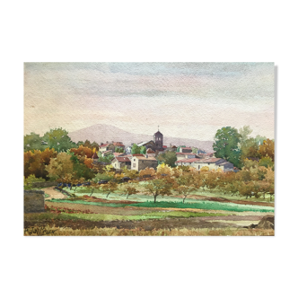 Tableau aquarelle Village avec clocher signé vers 1900