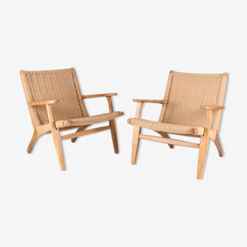 Pair of wooden and rope armchairs