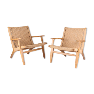 Pair of wooden and rope armchairs