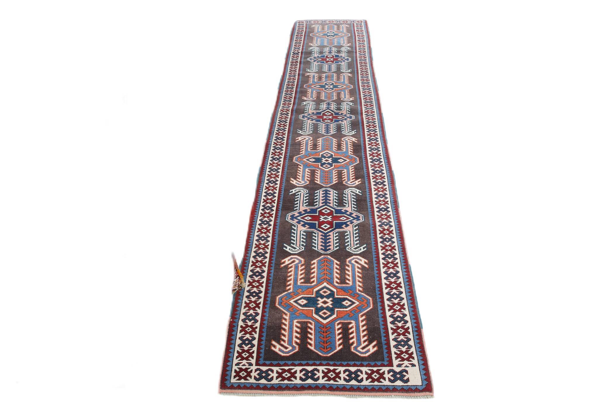 Pink & Blue Long Turkish Vintage Runner Rug, 80x398Cm