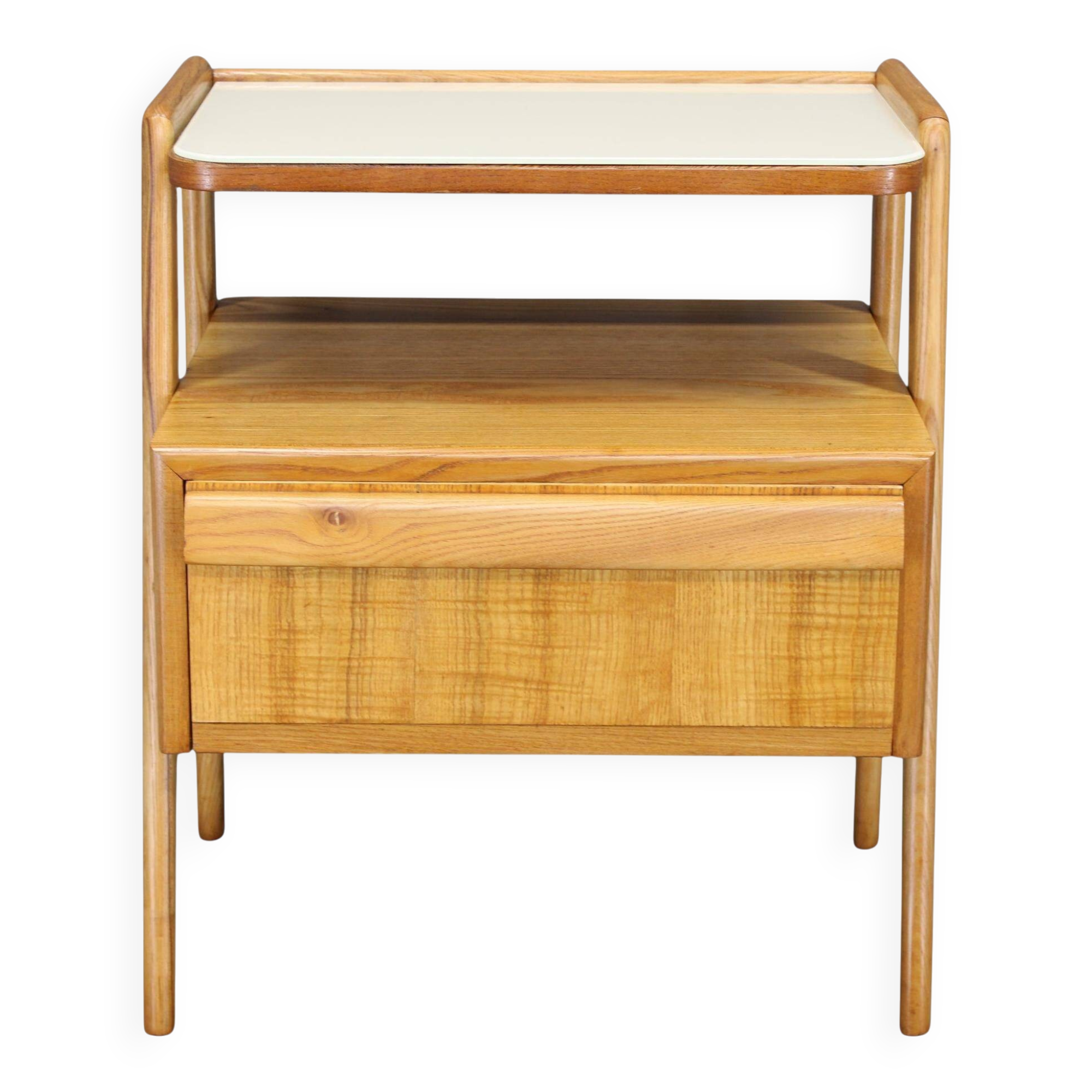 Table de chevet en érable, style milieu du siècle, années 1960, avec étagère en verre opale, restaurée, Tchécoslovaquie