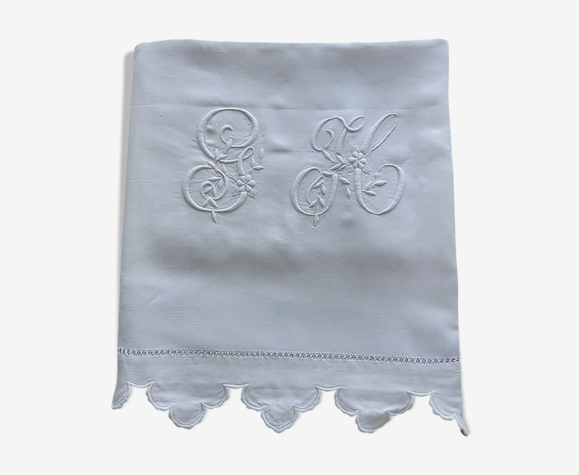 Drap ancien en lin brodé d'un grand monogramme GH+découverte festonnée-220x312cm