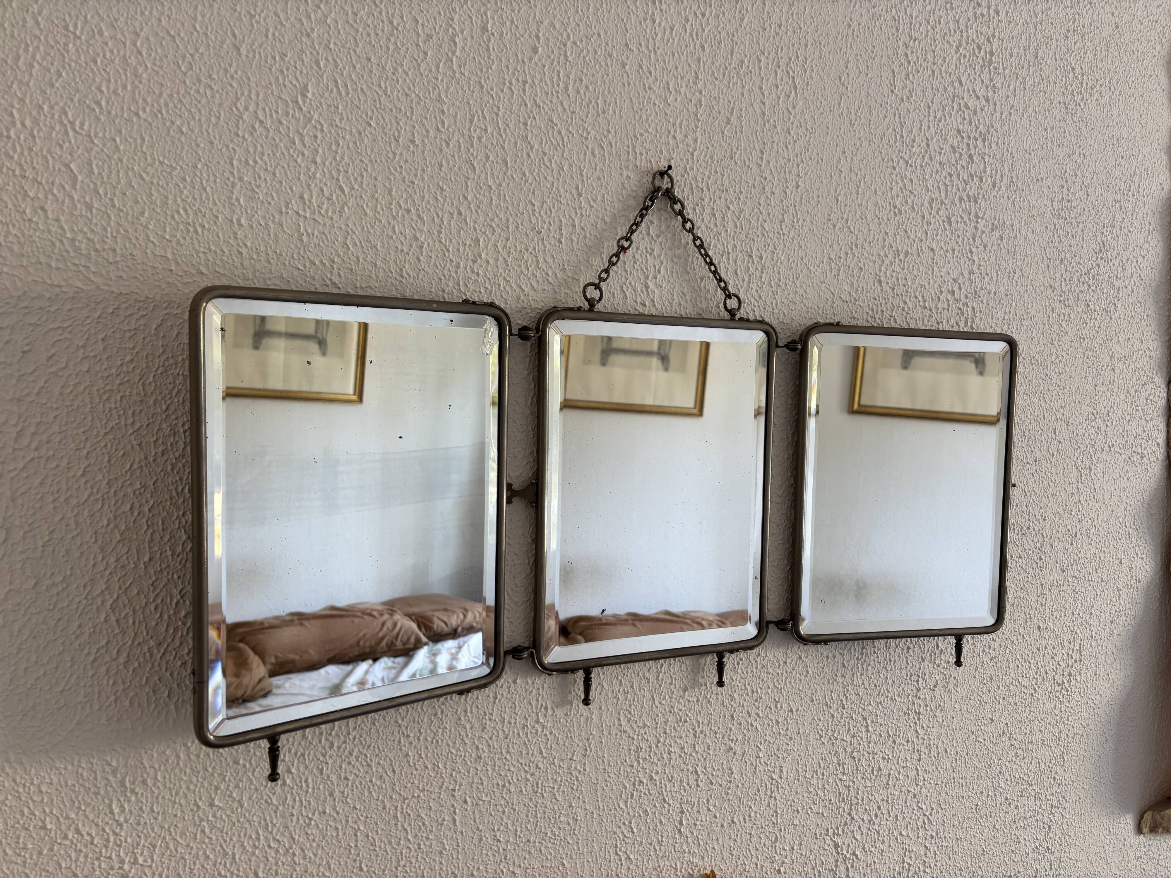 Vintage 1930s triptych barber mirror crocodile crystal - 30x69 cm