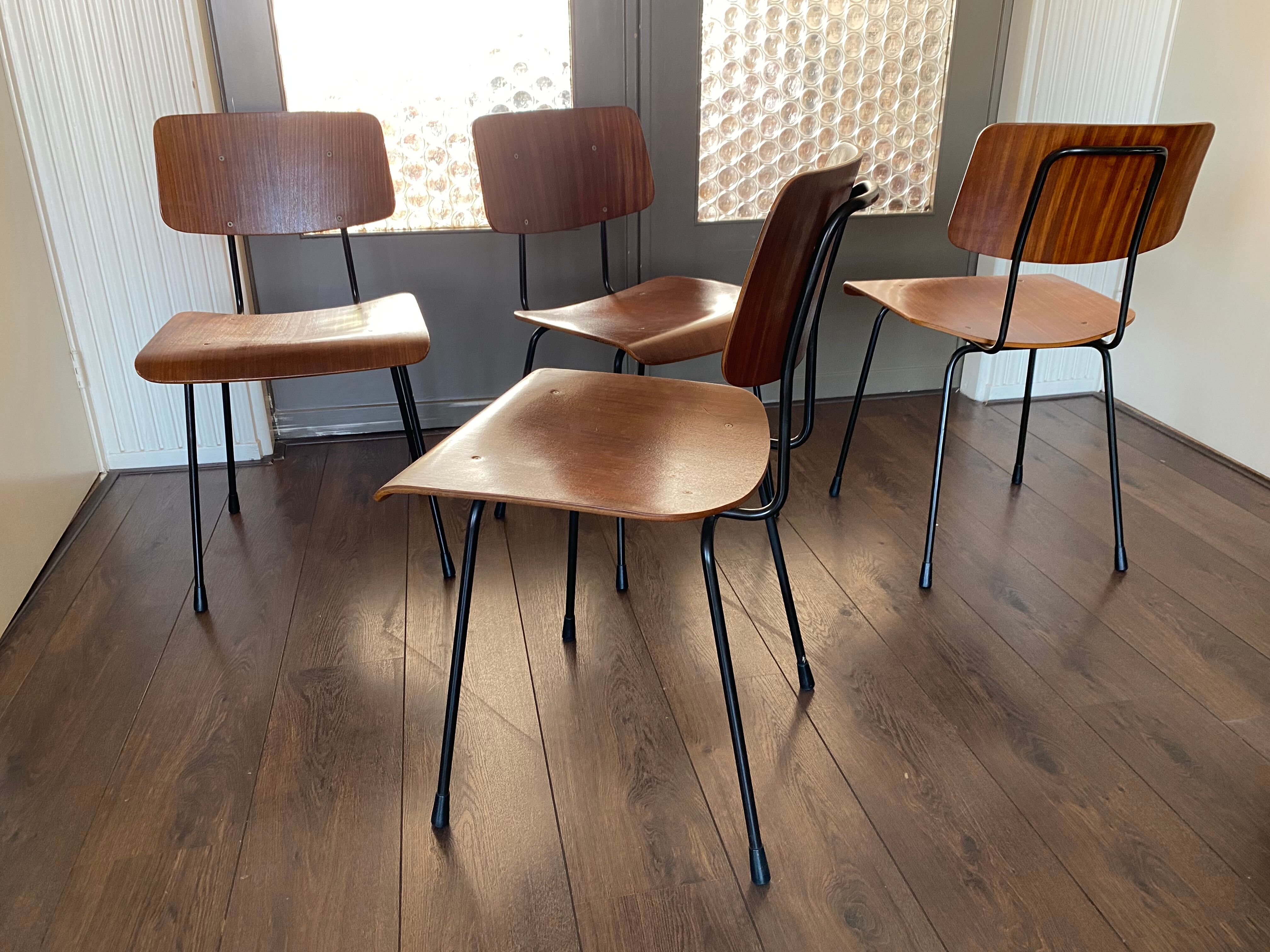 Set of 4 teak and steel dining chairs by Tjerk Reijenga for Pilastro 1950s