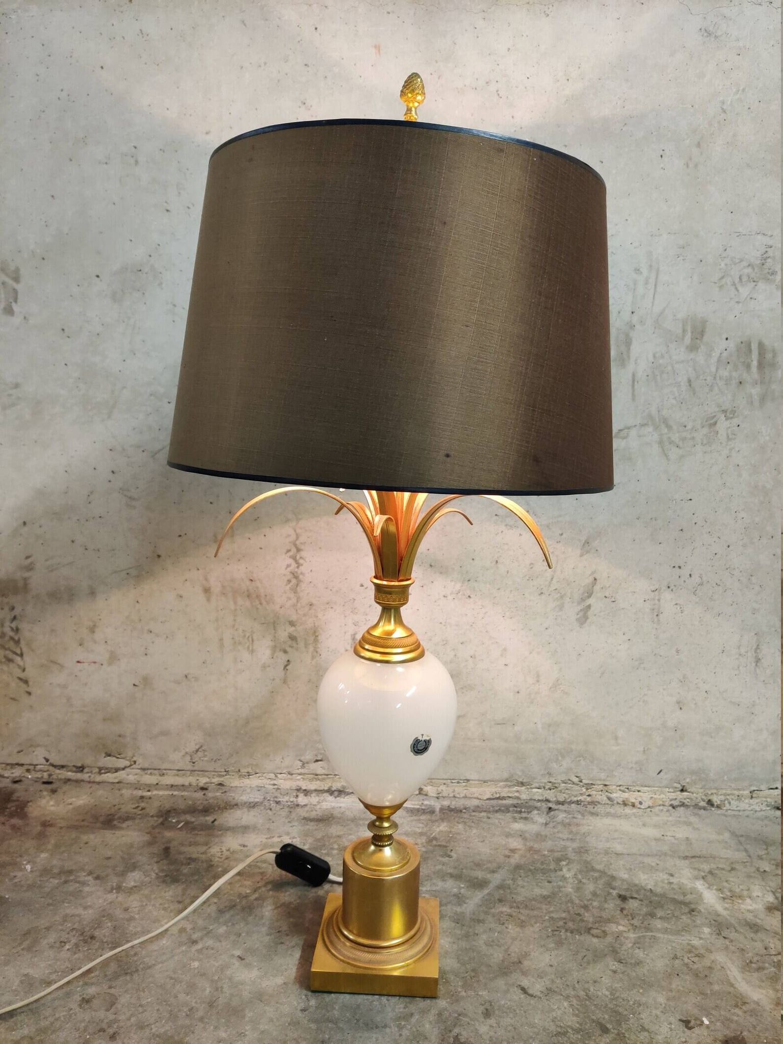 Brass And Opaline Pineapple Leaf Table Lamp 1960s