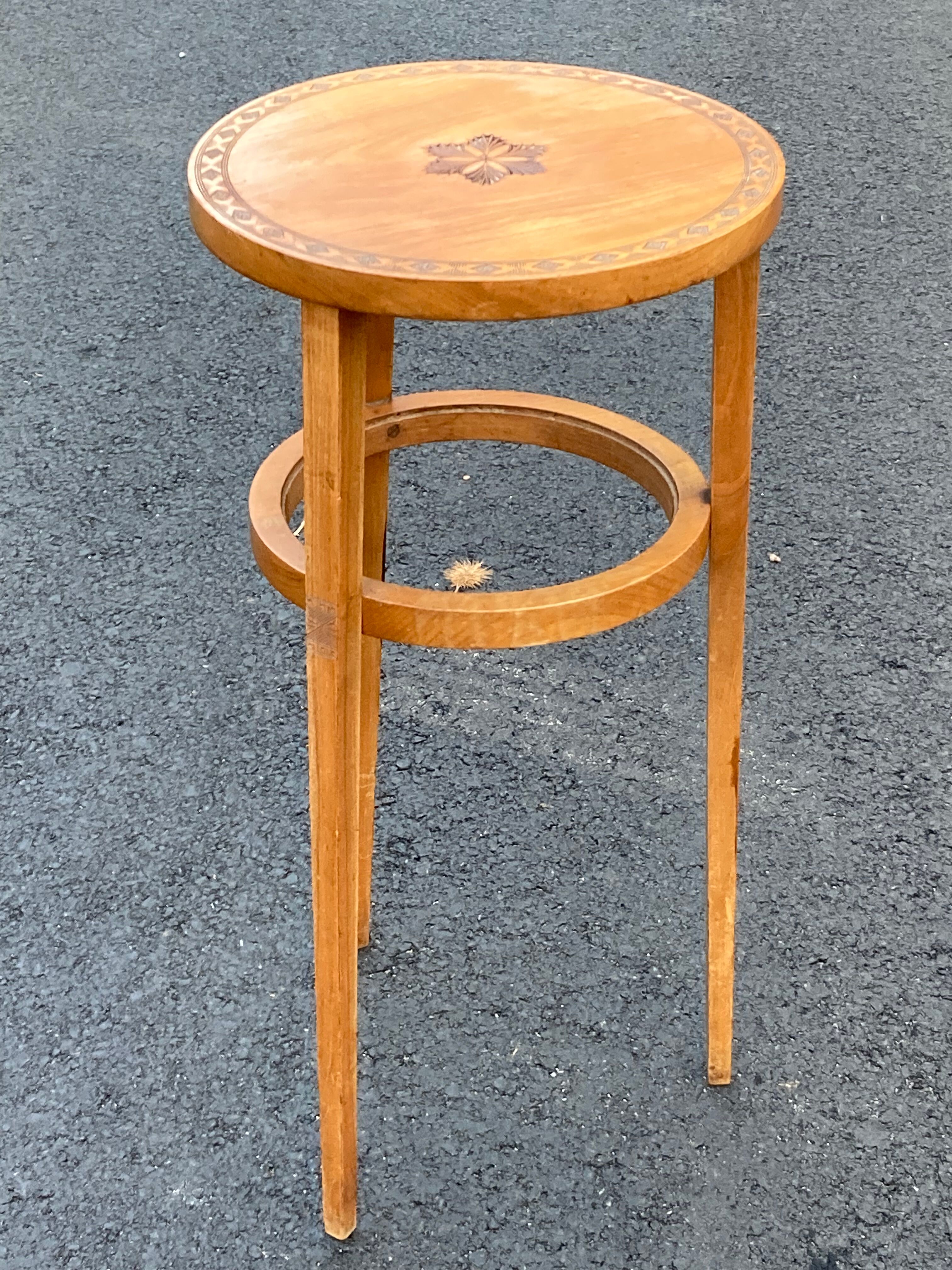 Art Deco Wooden Pedestal Table Carved with Star / Antique Side Table 1930