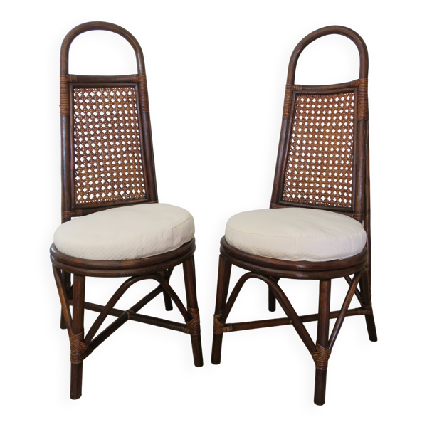 RARE-Lot de 2 Chaises en rotin et cannage-1950- Style Dirk Van Sliedrecht