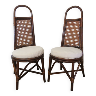 RARE-Lot de 2 Chaises en rotin et cannage-1950- Style Dirk Van Sliedrecht