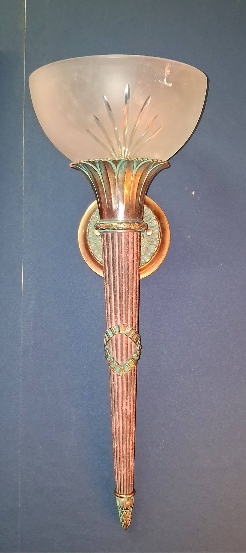 Pair of antique-style wall sconces in patinated bronze and frosted glass – early 20th century
