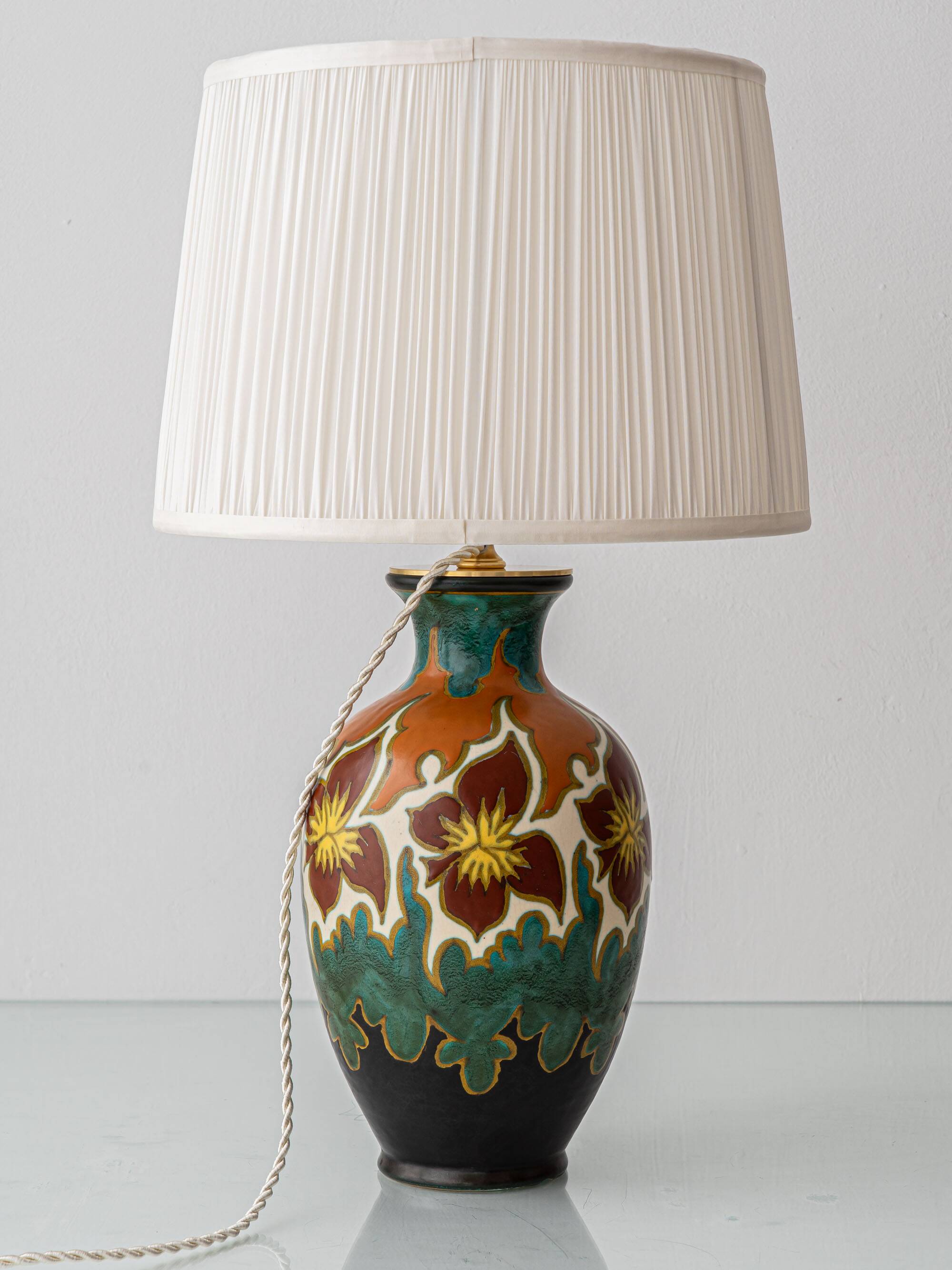 Gouda Pottery Table Lamps, Pair, Dutch Art Deco Floral, New Silk Shades