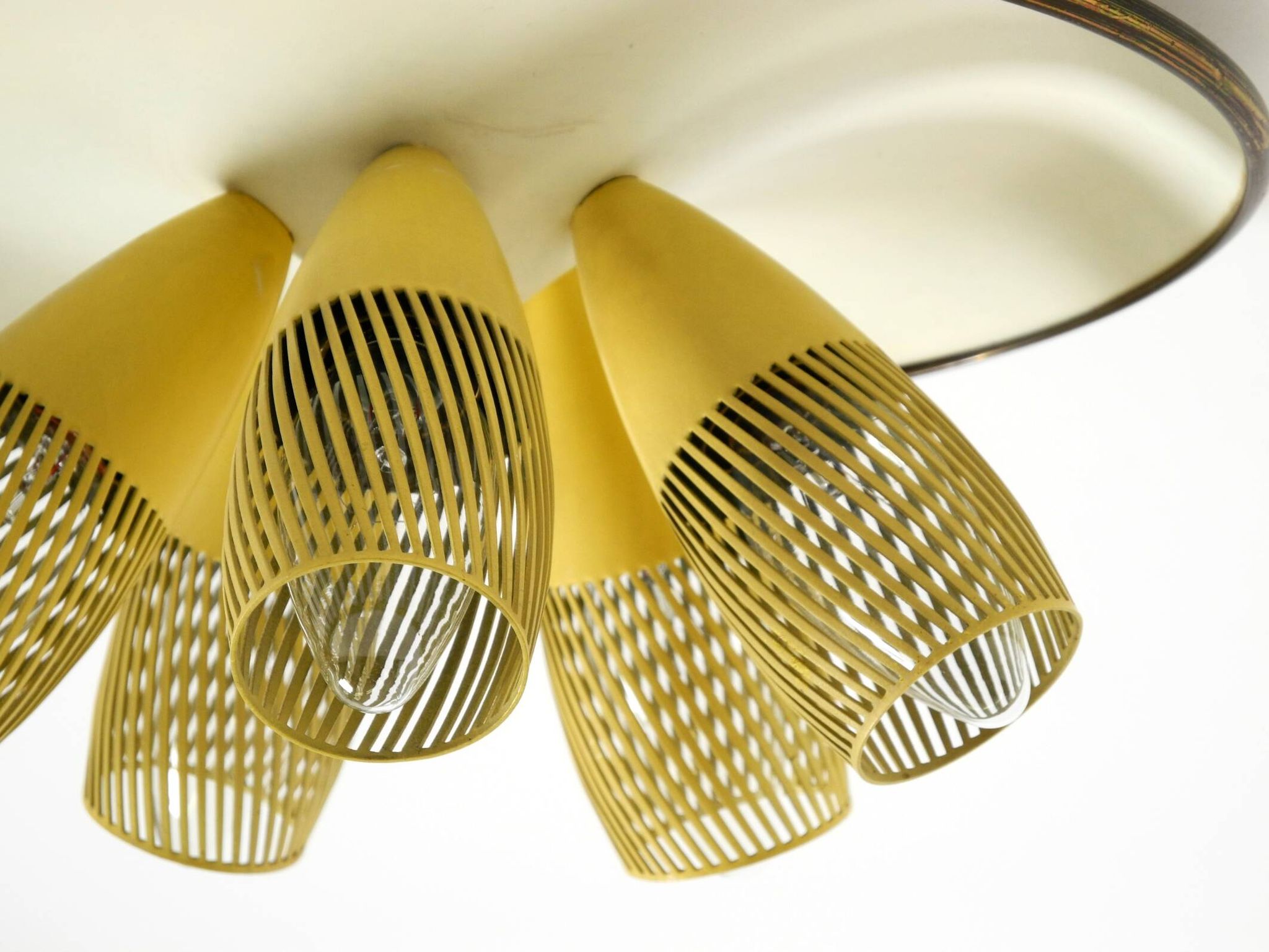 Very rare 5-arm mid-century modern metal bag ceiling lamp with round white