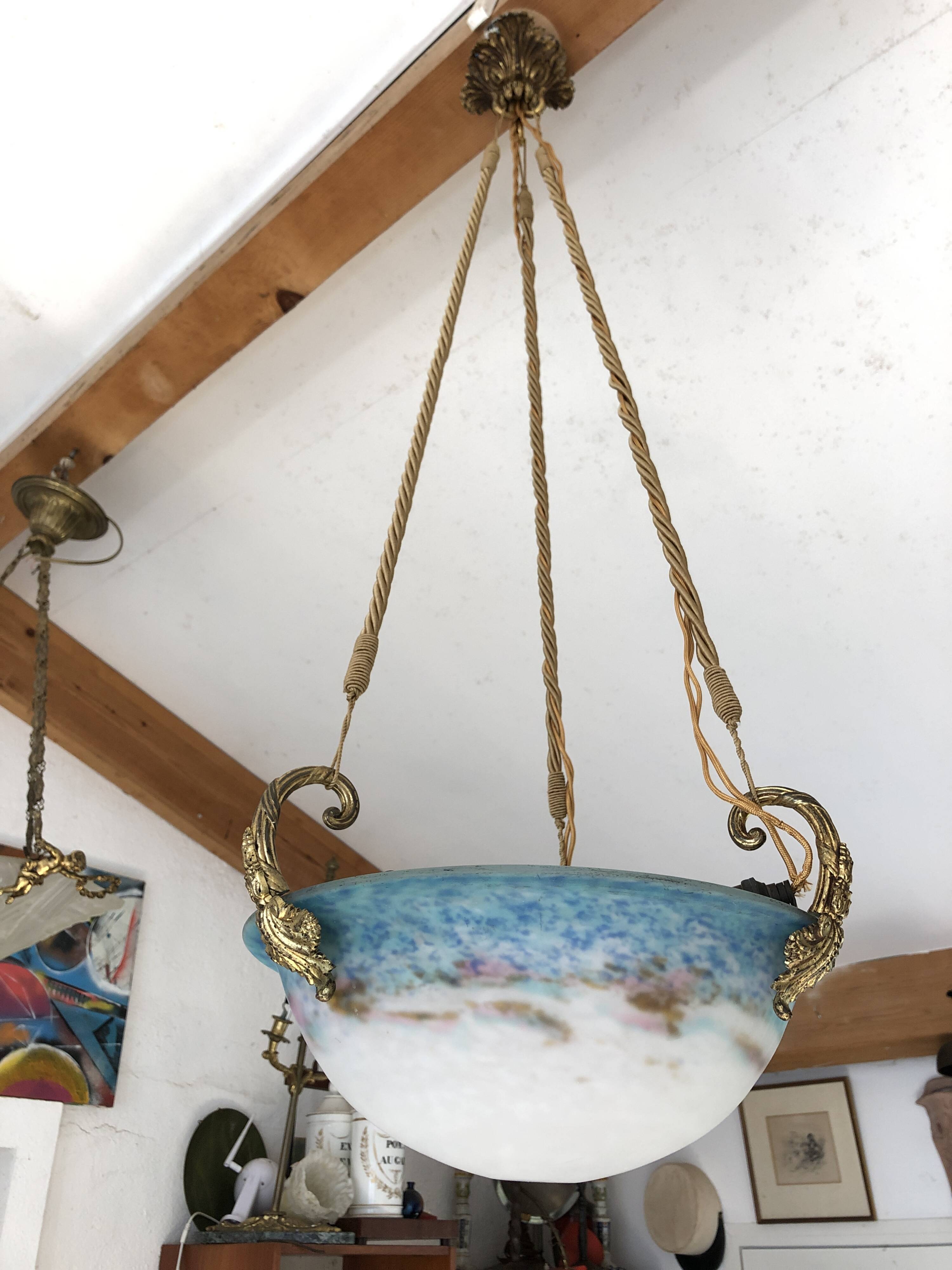 Suspension/Muller Glass Paste/Turquoise Blue & Bronze Frame/Art Nouveau