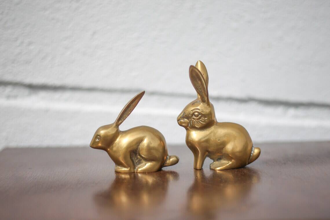 Pair of brass rabbit, rabbit statue, brass animal, rabbit figurine, collection, rabbit, brass rabbit