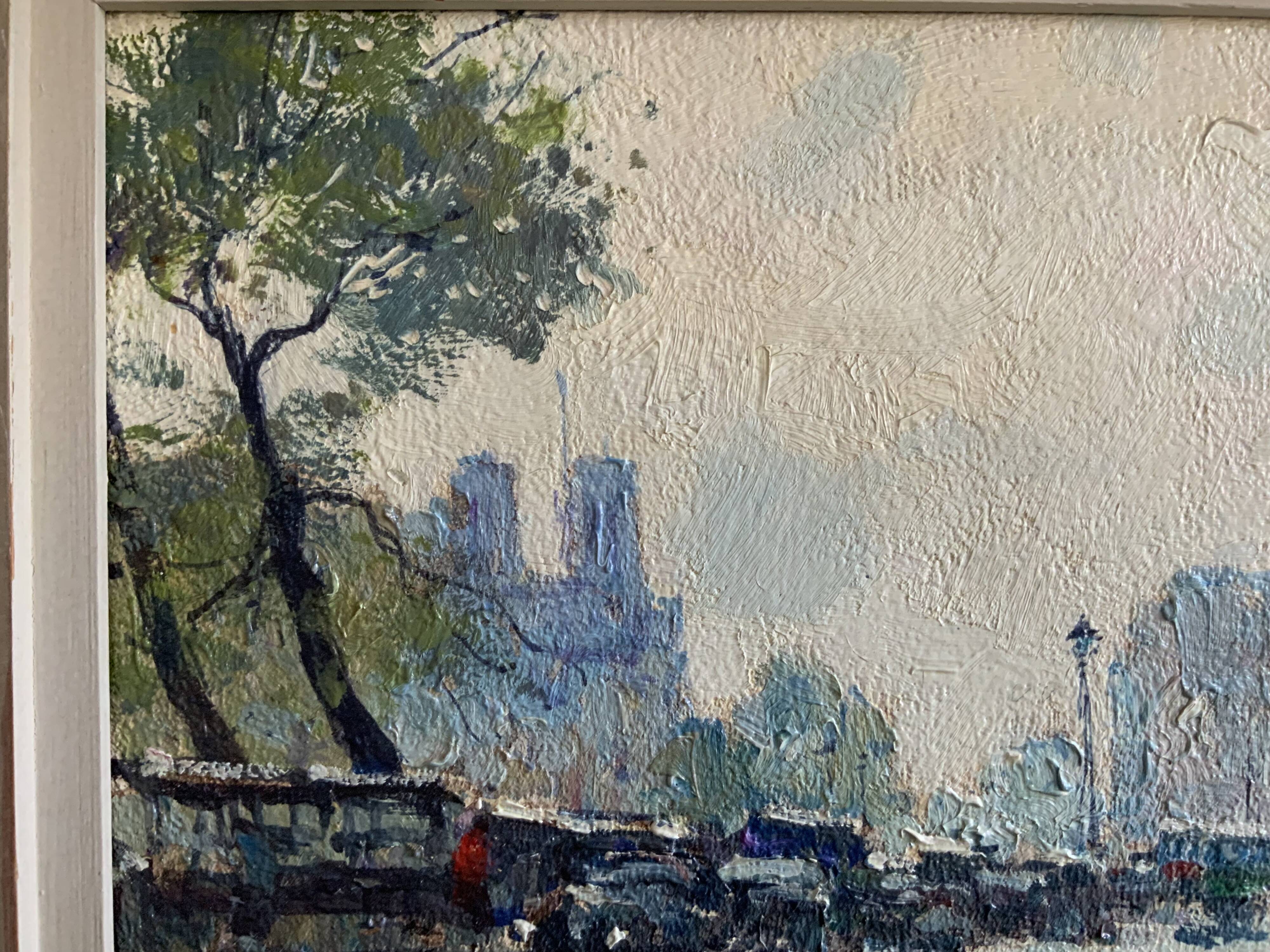 Huile sur toile vintage Notre Dame de Paris, scène de rue sous la pluie, signée 1950