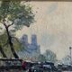 Huile sur toile vintage Notre Dame de Paris, scène de rue sous la pluie, signée 1950