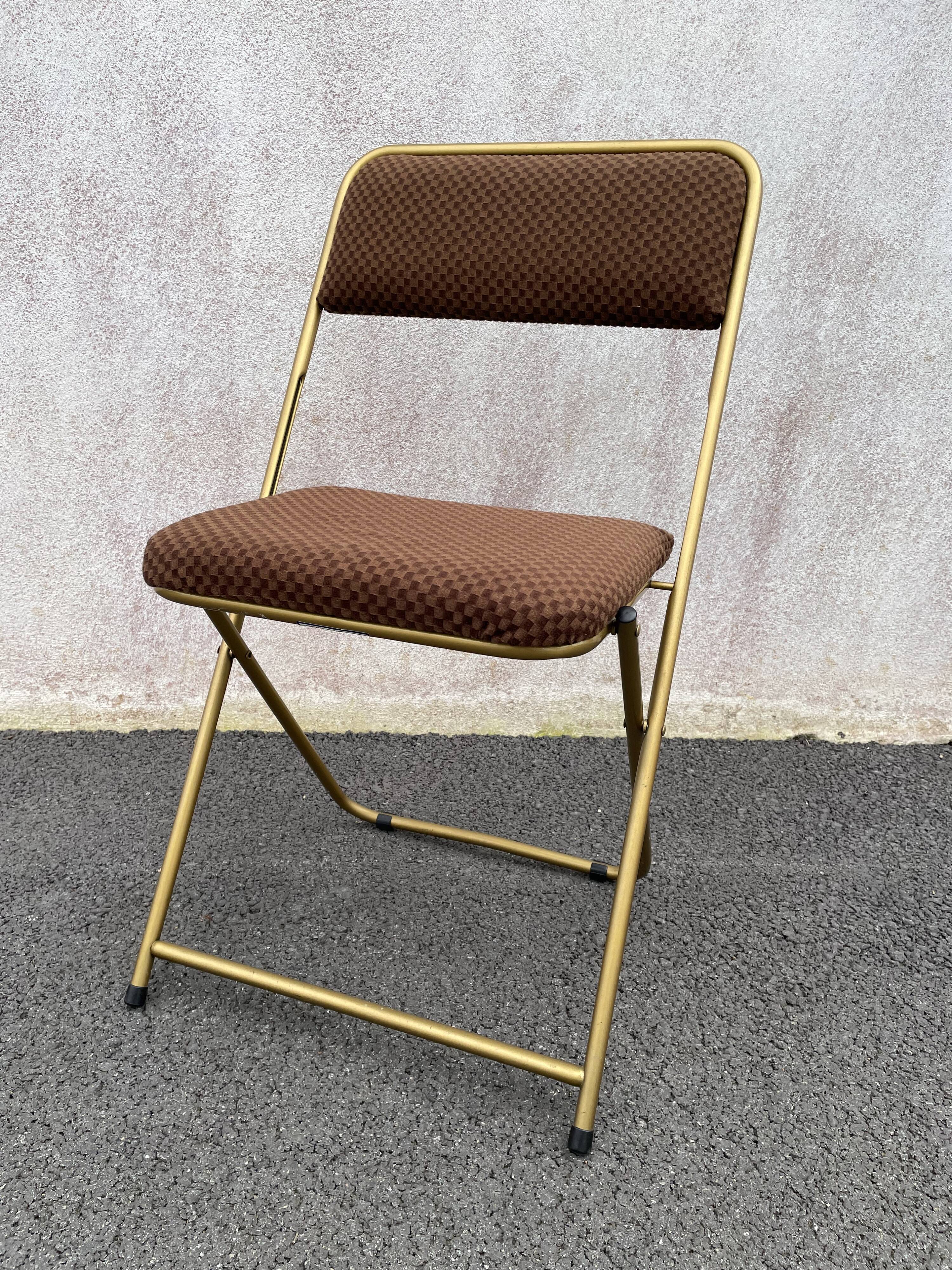 Chaise pliante dorée lafuma velours damier  60/70’s