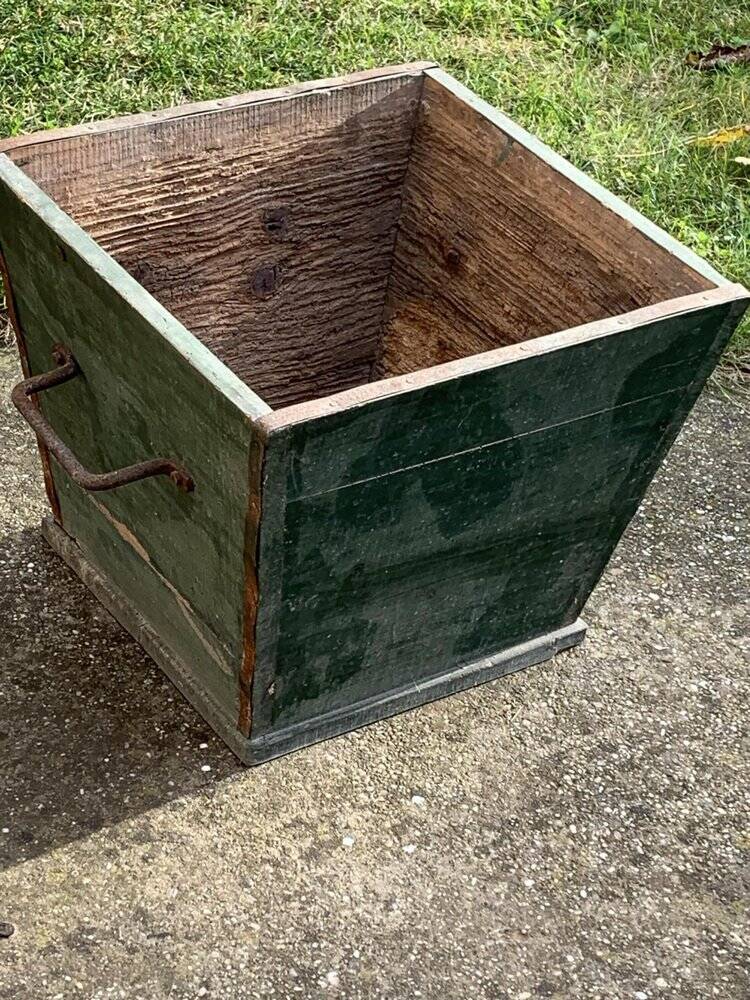 Large vintage 1940s forest green pine box, rustic utilitarian style.