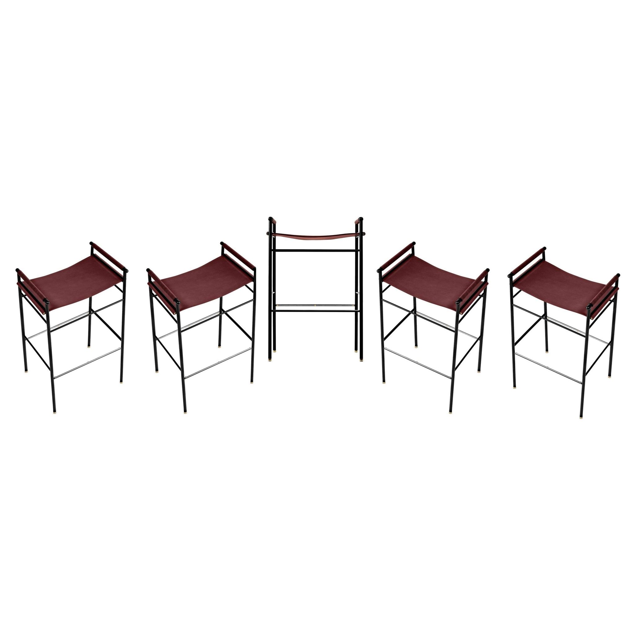 Set of 5 contemporary artisan bar stools in cognac leather and black rubber metal.