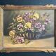 Peinture à l’huile du XIXème siècle sur toile nature morte avec vase de pensées antique vintage original