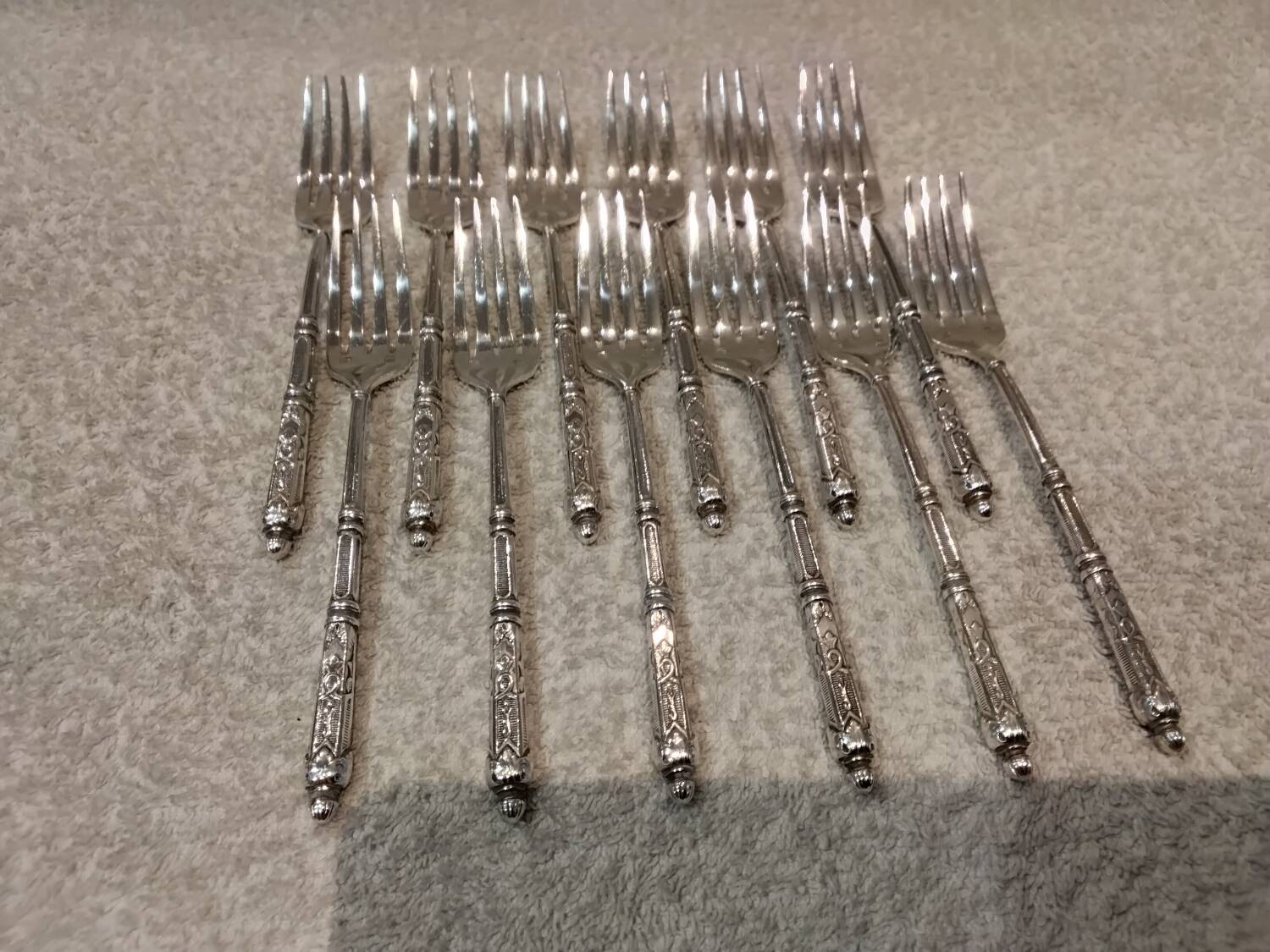 12 silver-plated metal cake forks with 4 prongs, Russian silversmith SFAM.