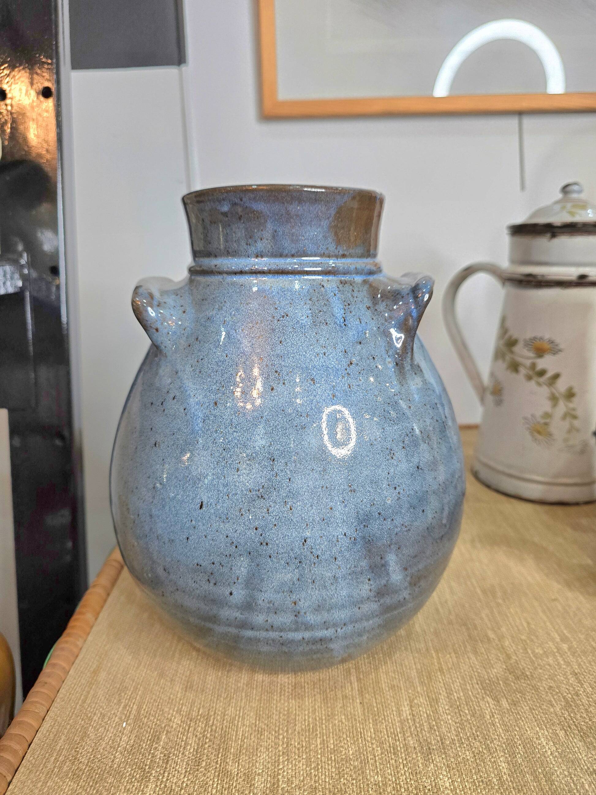 Blue glazed stoneware vase – Squat shape with handles – Handmade craftsmanship